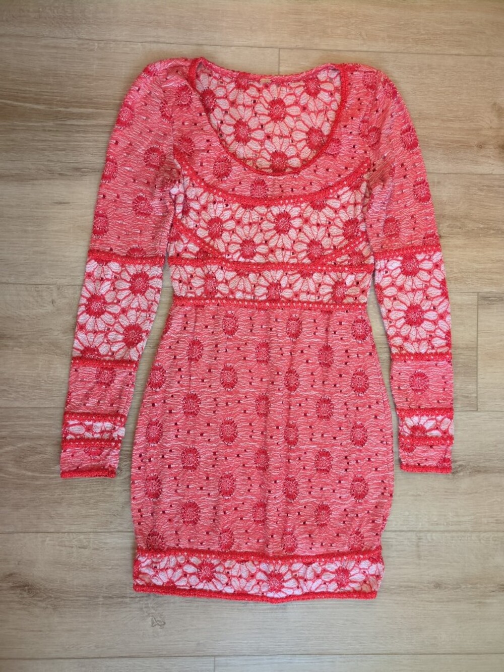 Free People Red Floral Botanical Bodycon Mini Dress Sheer Lace Panel Long Sleeve